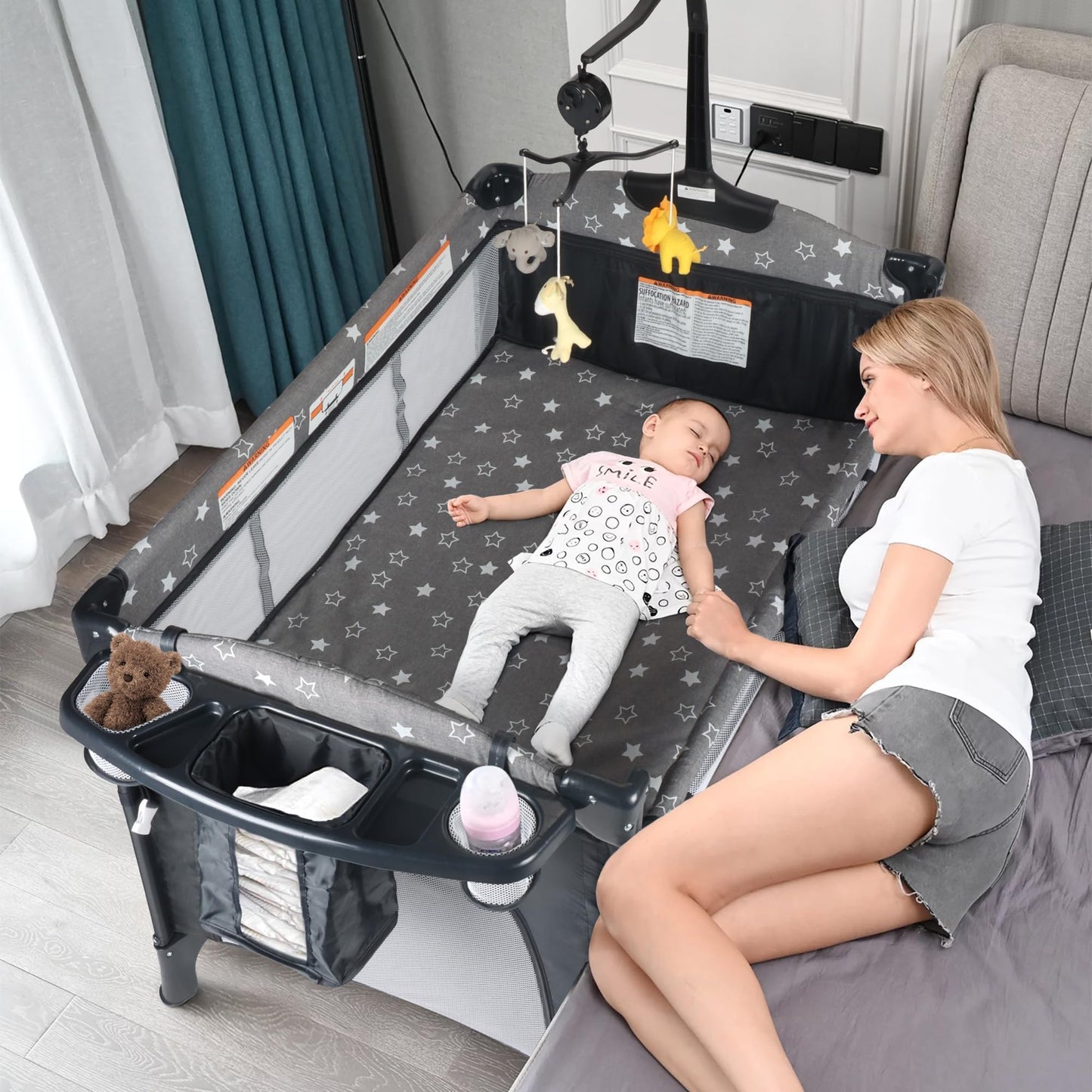 Bedside Bassinet for Baby, Pack and Play with Mattress, Diaper Changer, 5 in 1 Baby Crib, Baby Bassinet for Newborn, Portable Crib with Mosquito Net, Music and Toy
