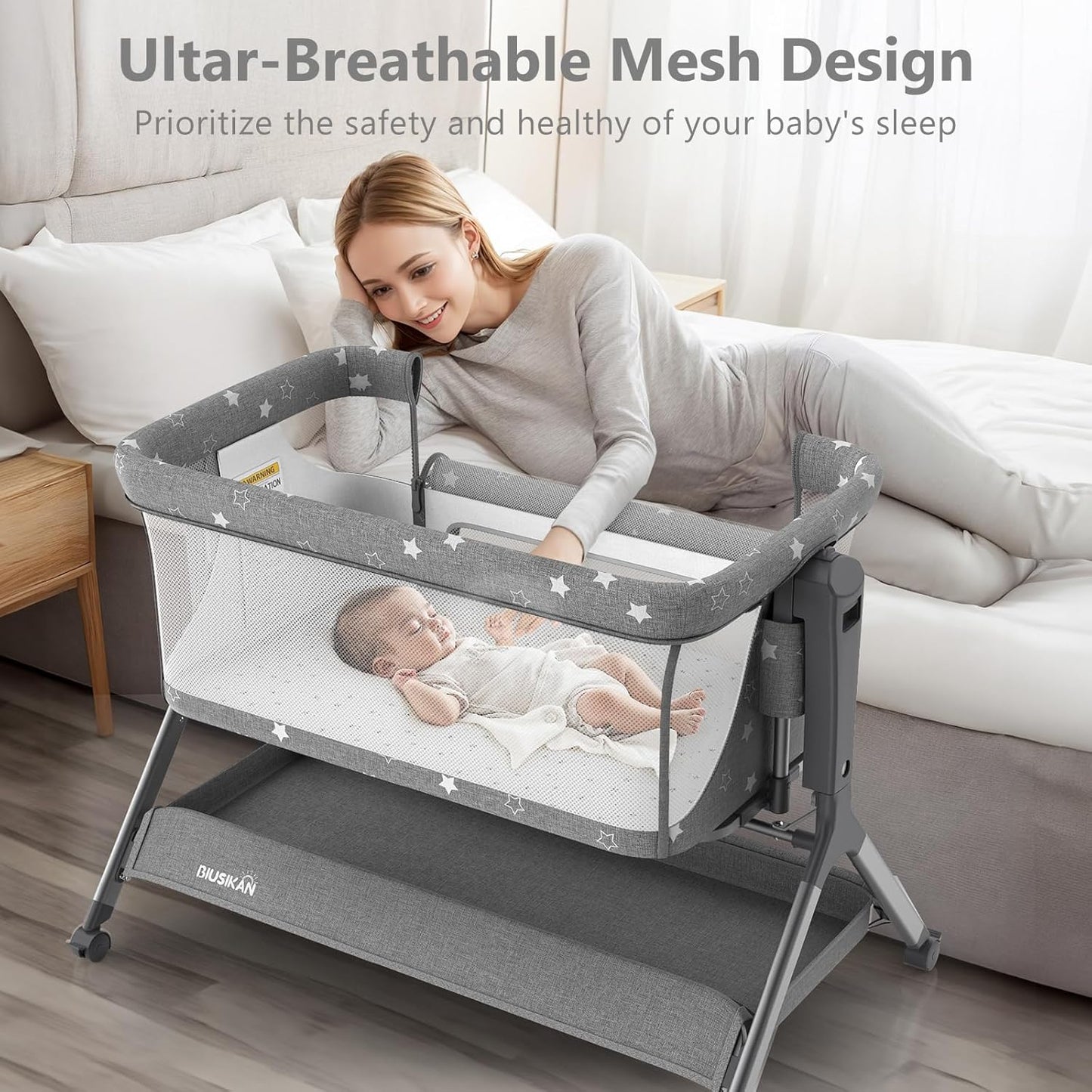 3 in 1 Baby Bassinet, Rocking Bassinet Bedside Sleeper with Comfy Mattress and Breathable Mesh, 6 Height Adjustable & Upgraded Wheels Portable Bedside Crib for Newborn