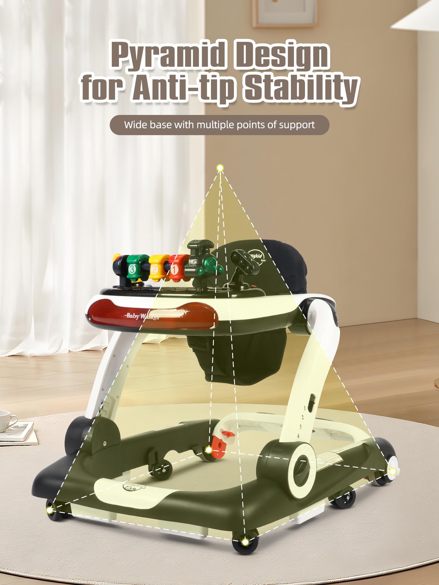 Music and Lights Baby Walker with Wheels, 6 in 1 Baby Activity Center w/Ergonomic backrest design, Baby walkers for Boys w/Foot Pads, Music Bouncer walkers for Boys Girls Babies 6-18 Months, Black
