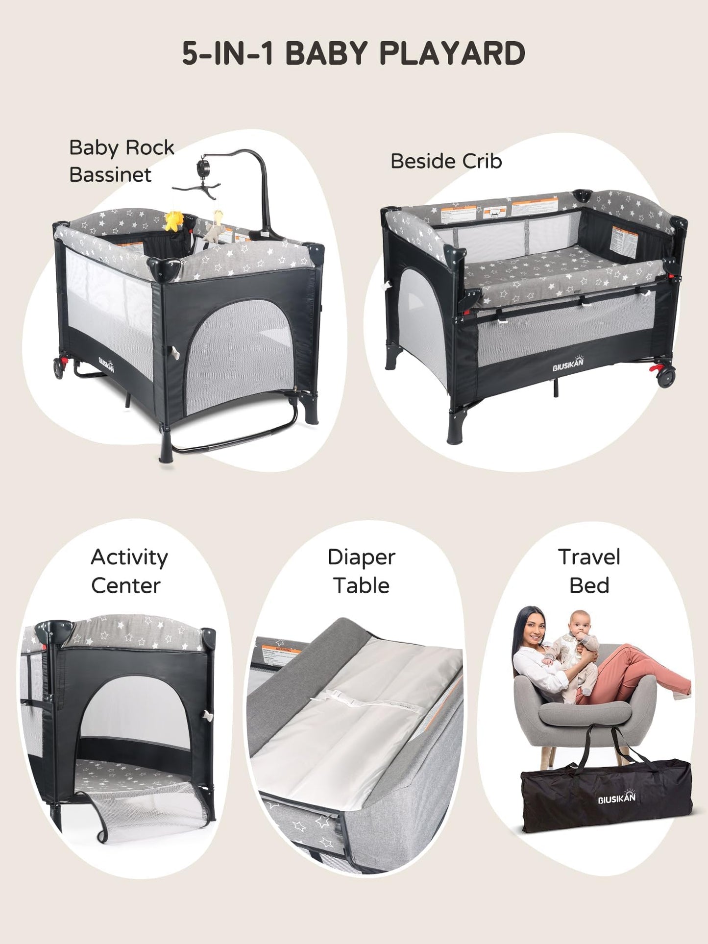 Bedside Bassinet for Baby, Pack and Play with Mattress, Diaper Changer, 5 in 1 Baby Crib, Baby Bassinet for Newborn, Portable Crib with Mosquito Net, Music and Toy