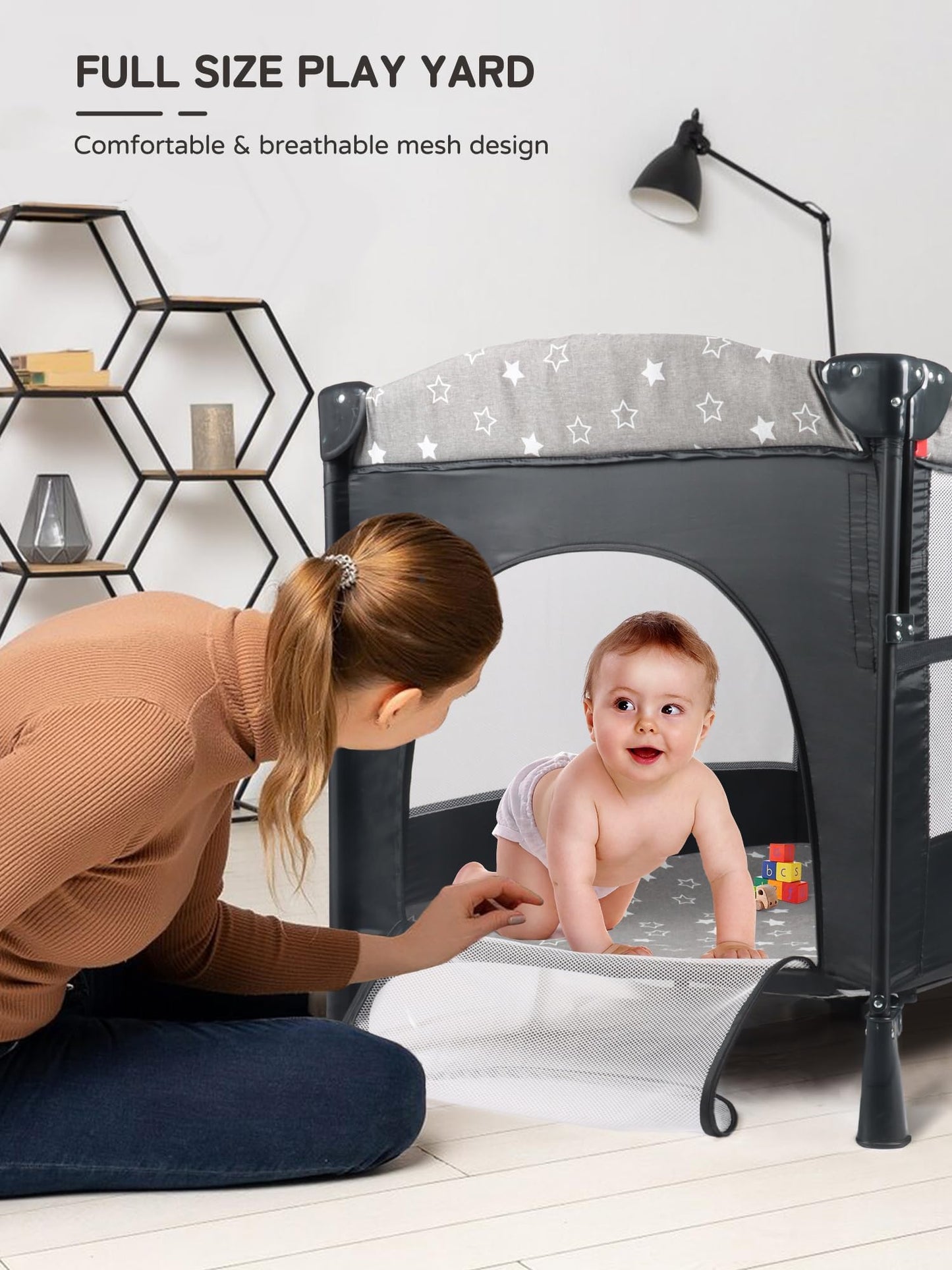 Bedside Bassinet for Baby, Pack and Play with Mattress, Diaper Changer, 5 in 1 Baby Crib, Baby Bassinet for Newborn, Portable Crib with Mosquito Net, Music and Toy