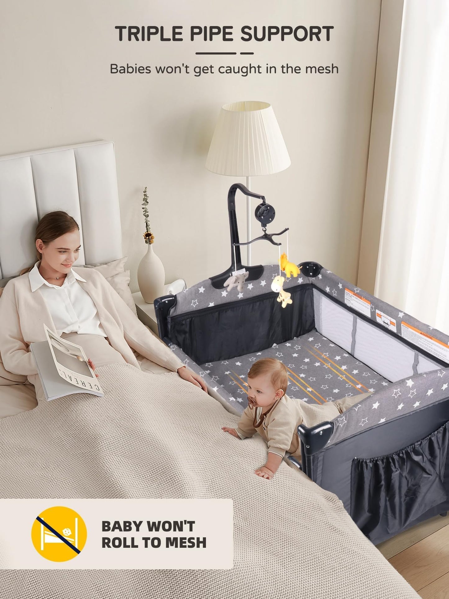Bedside Bassinet for Baby, Pack and Play with Mattress, Diaper Changer, 5 in 1 Baby Crib, Baby Bassinet for Newborn, Portable Crib with Mosquito Net, Music and Toy