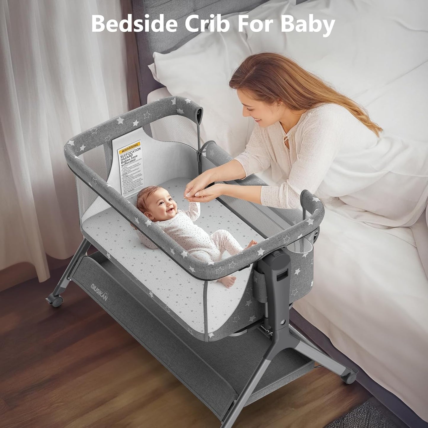 3 in 1 Baby Bassinet, Rocking Bassinet Bedside Sleeper with Comfy Mattress and Breathable Mesh, 6 Height Adjustable & Upgraded Wheels Portable Bedside Crib for Newborn