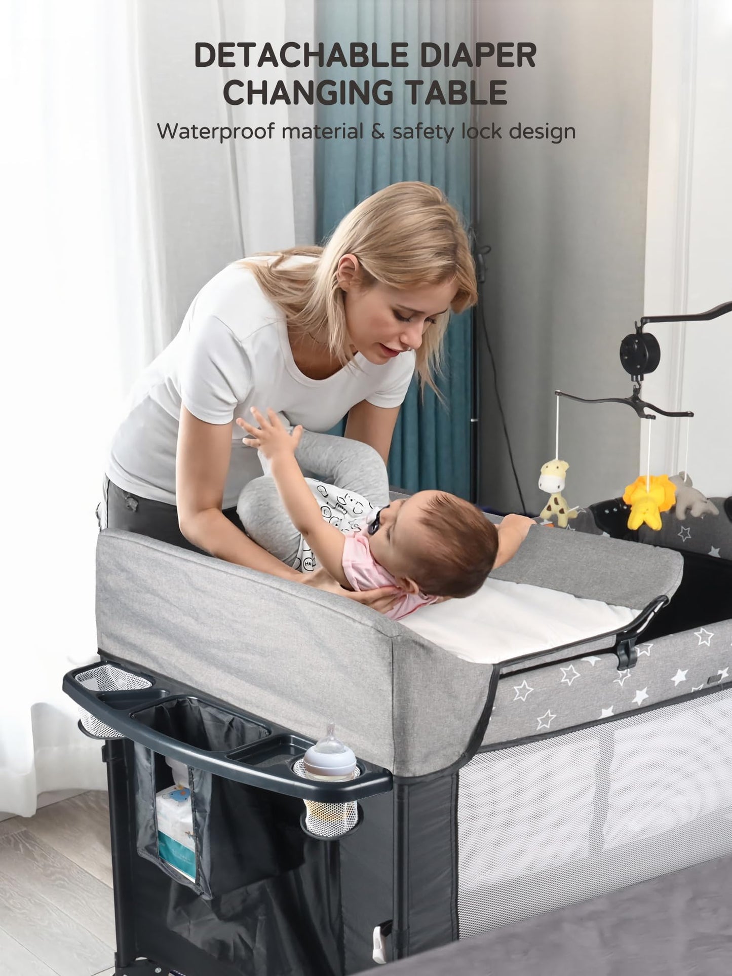Bedside Bassinet for Baby, Pack and Play with Mattress, Diaper Changer, 5 in 1 Baby Crib, Baby Bassinet for Newborn, Portable Crib with Mosquito Net, Music and Toy